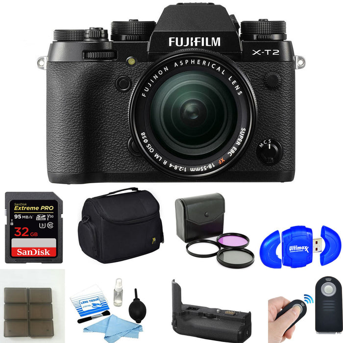 FUJIFILM X-T2 Mirrorless Digital Camera with 18-55mm Lens & Vertical Grip Additional Accessories Package