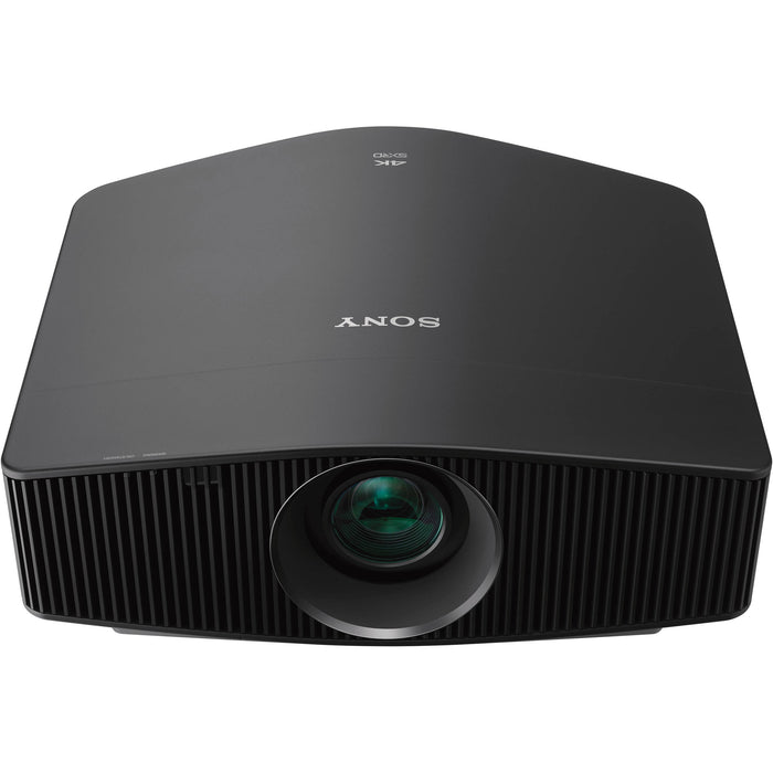 Sony VPL-VW885ES 4K SXRD laser projector, front top-down view with Sony logo and centered lens, in black