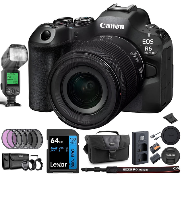 Canon EOS R6 Mark III Full Frame Mirrorless Camera with RF 24-105mm, F4-7.1 IS STM Lens + NEEWER 77mm ND Lens Filter Kit (UV, CPL, FLD, ND2, ND4, ND8) + K&F CONCEPT 2600mAh LP-E6NH Battery and Charger + Altura Photo Camera Flash + Camera Bag Bundle