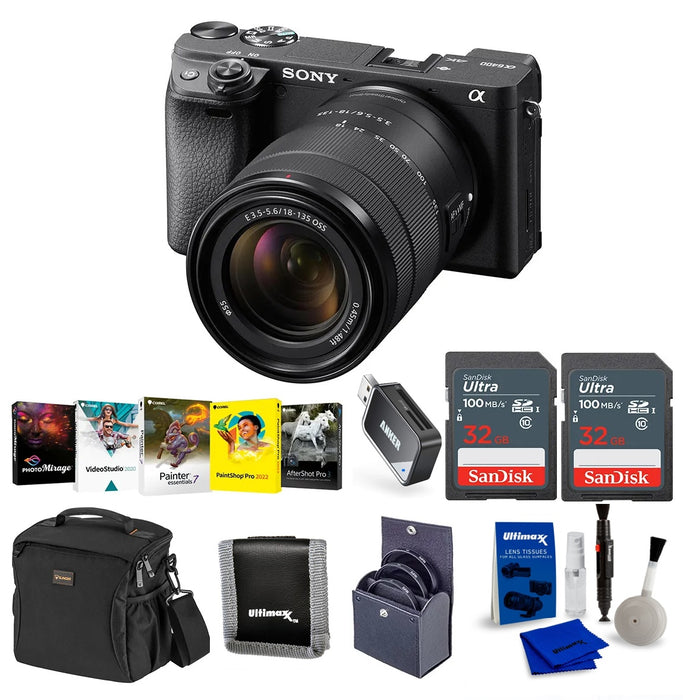 Sony Alpha a6400 Mirrorless Camera with 18-135mm f/3.5-5.6 OSS Lens - Bundle With 2x 32GB SDHC Card +Camera Case, 55mm Filter Kit, Cleaning Kit, Card Reader, Memory Wallet, PC Software