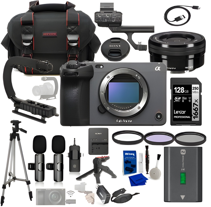 Sony FX3A Full-Frame Cinema Camera with 16-50mm Lens Bundle + Wireless Microphone System + Accessory Package Including 128 Extreme Memory Card, U-Grip, Case, Tripod and More