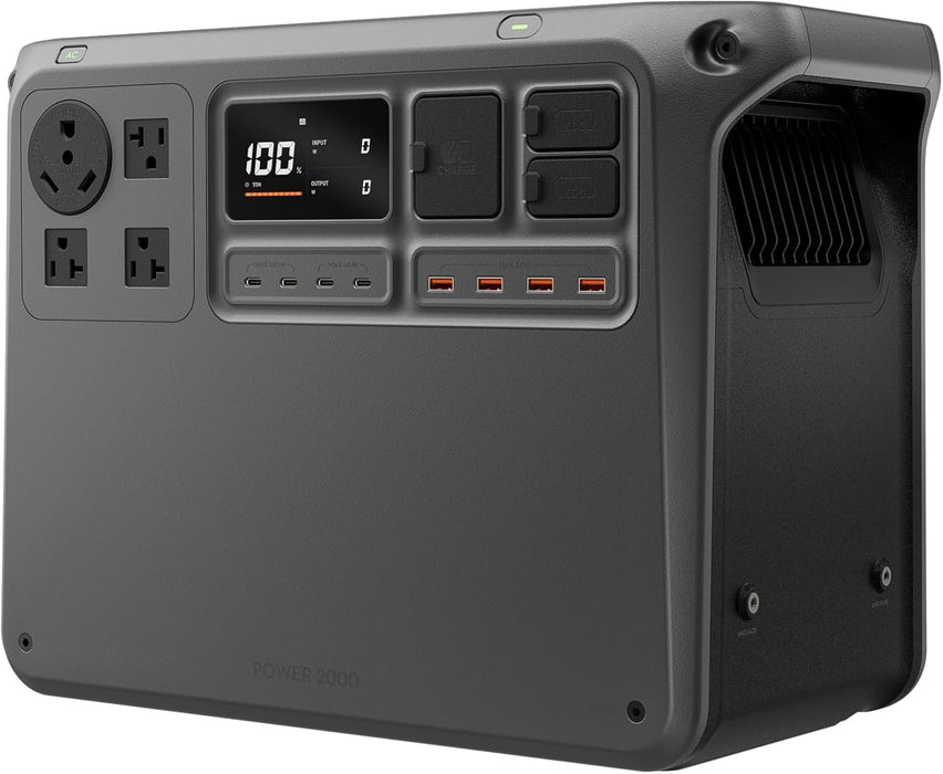 DJI Power 2000 portable power station front view with LCD display