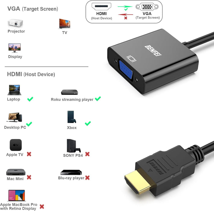 BENFEI HDMI to VGA, 20 Pack, Gold-Plated HDMI to VGA Adapter (Male to Female) for Computer, Desktop, Laptop, PC, Monitor, Projector, HDTV, Chromebook, Raspberry Pi, Roku, Xbox and More - Black
