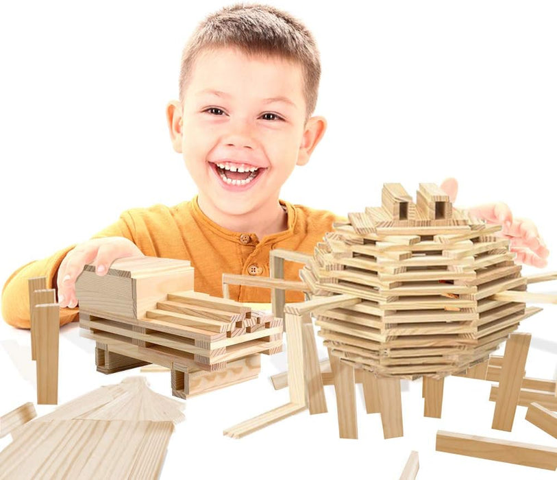 3 Bees & Me Wooden Building Toys - STEM Toys for Boys and Girls - 100 Wood Plank Pieces