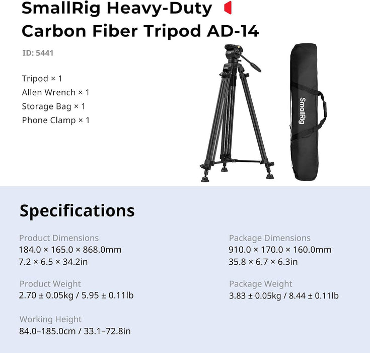 SMALLRIG AD-14 73" Heavy Duty Video Tripod Fluid Head 5441