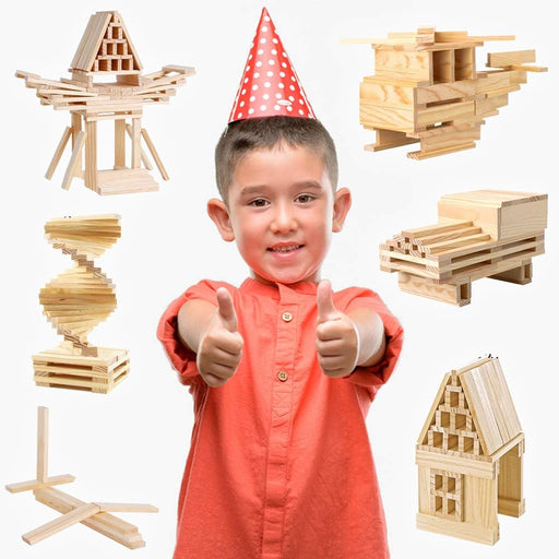 3 Bees & Me Wooden Building Toys - STEM Toys for Boys and Girls - 100 Wood Plank Pieces