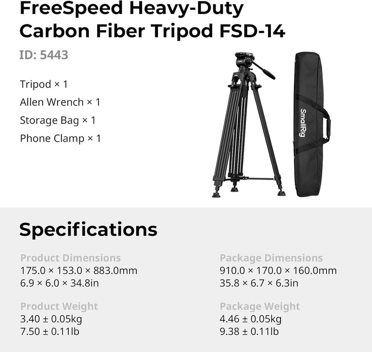 SmallRig FreeSpeed Heavy Duty Carbon Fiber Video Tripod, 73" Camera Tripod with Fluid Head for Manfrotto Plate, One-Knob Quick Extend, 75mm Bowl, Weigh 7.5lb, Load up 22lb for DSLR Camera, Camcorder