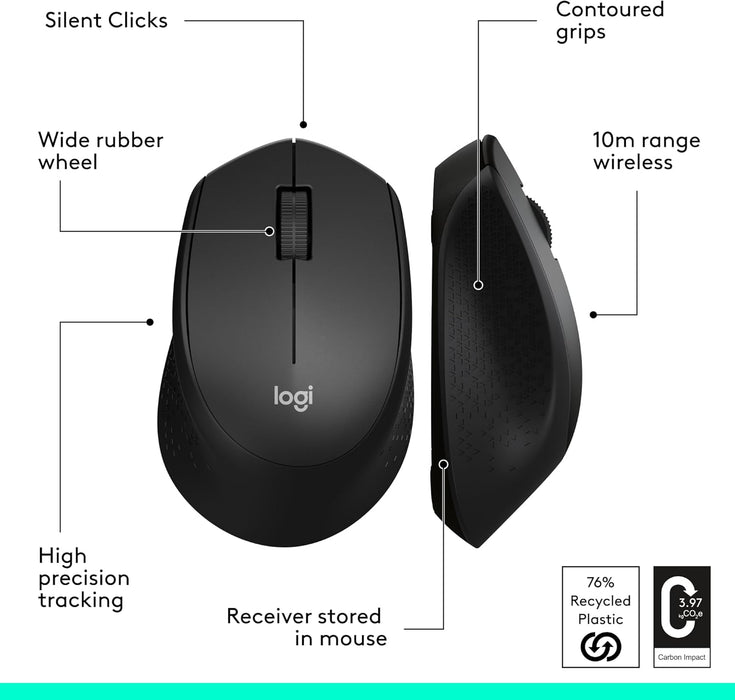 Logitech M330 Silent Wireless Mouse Optical 2.4GHz USB Black 910-004905