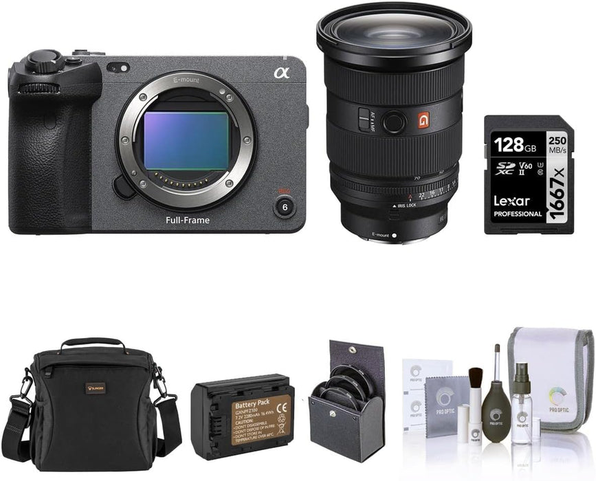 Sony FX3 Full-Frame Cinema Line Camera With 24-70mm f/2.8 GM II Lens, Bundled With, 128GB Memory Card, Battery Pack with USB-C Port, 82mm Essentials Filter Kit, Shoulder Bag and Cleaning Kit (8 Items)