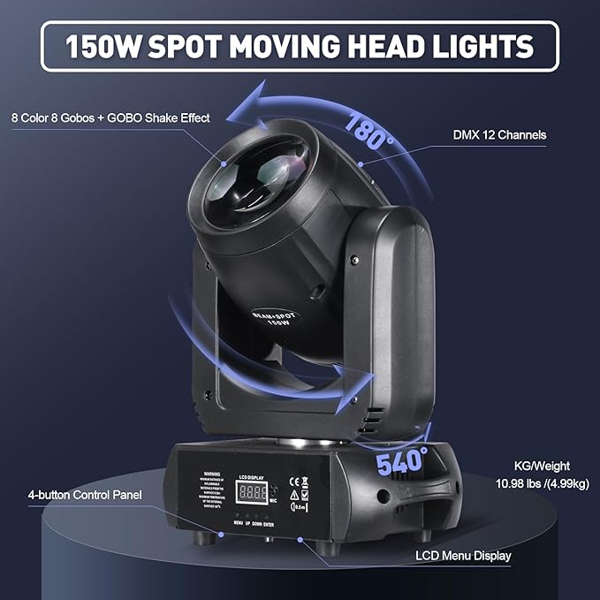 150W Moving Head DJ Lights LED Stage Lights 8 Colors 8 Gobos Spot Wash Beam 18 Facet Prism Infinite Rotation DMX 512 Sound Activated for Party - NJ Accessory/Buy Direct & Save