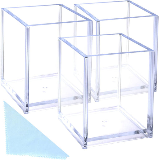 Acrylic Pen Holder, 3 Pcs Clear Pencil Holders for Desk, Makeup Brush Holder Cup Organizer, Stationery Storage Desktop Accessories for Office School Supplies (with Cleaning Cloth)