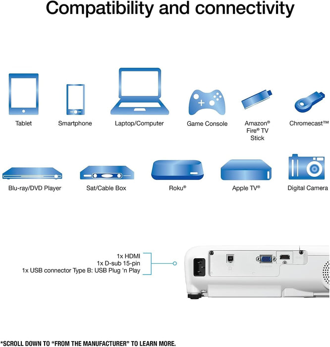 Epson EX3280 3-Chip 3LCD XGA Projector, 3,600 Lumens Color Brightness, 3,600 Lumens White Brightness, HDMI, Built-in Speaker, 15,000:1 Contrast Ratio - NJ Accessory/Buy Direct & Save