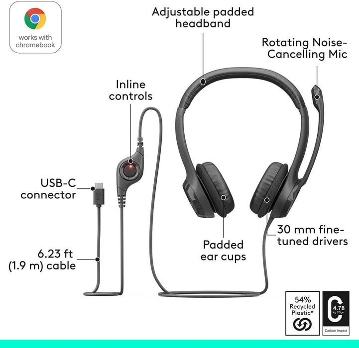 Logitech H390 Wired USB-C Headset Noise Cancelling Mic Black 981-001575