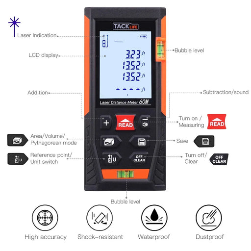 TACKLIFE Test Measure & Inspect Laser Distance Meter HD-60 - Buy Direct & Save
