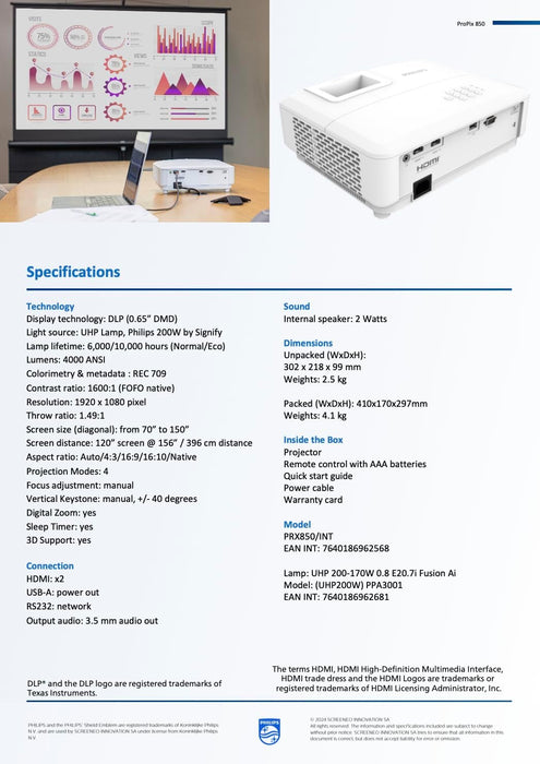 Philips, Propix 850, Professional Video Projector, DLP, Home Cinema, Advanced Image Correction, 1920 x 1080 Pixels, Full HD, 2-Watt Internal Speakers, Lumens: 4000 ANSI, White