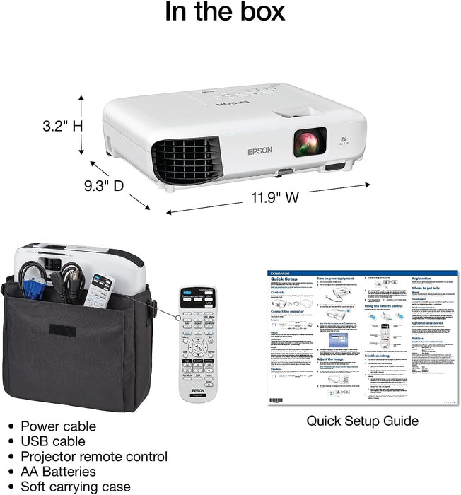 Epson EX3280 3-Chip 3LCD XGA Projector, 3,600 Lumens Color Brightness, 3,600 Lumens White Brightness, HDMI, Built-in Speaker, 15,000:1 Contrast Ratio - NJ Accessory/Buy Direct & Save