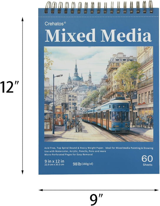 Crehatos Mixed Media Sketchbook 9" x 12", Top Spiral Bound Sketch Pad, 60 Sheets 98lb/160gsm Drawing Paper for Wet and Dry Media, 1 Pack