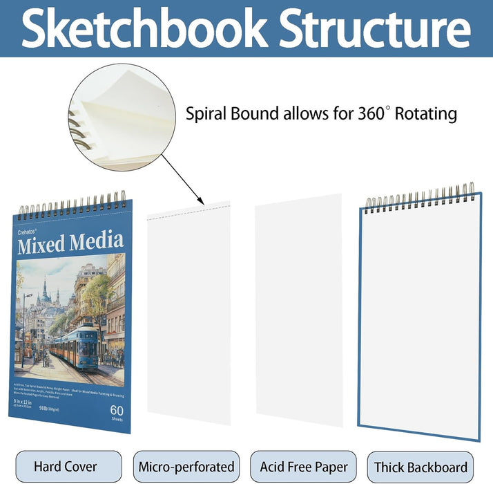 Crehatos Mixed Media Sketchbook 9" x 12", Top Spiral Bound Sketch Pad, 60 Sheets 98lb/160gsm Drawing Paper for Wet and Dry Media, 1 Pack