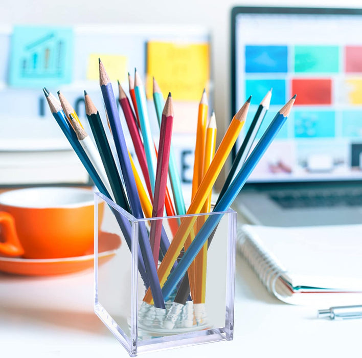 Acrylic Pen Holder, 3 Pcs Clear Pencil Holders for Desk, Makeup Brush Holder Cup Organizer, Stationery Storage Desktop Accessories for Office School Supplies (with Cleaning Cloth)