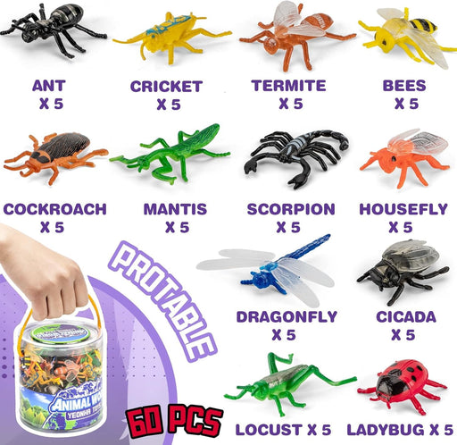 60 Piece Mini Insect Toys with Gift Box, Plastic Bug Figure for Kids, Fake Bug Theme Party Decoration, School Project Sensory Bins, Classroom Reward, Halloween Goody Bag Filler Gift, Cupcake Topper