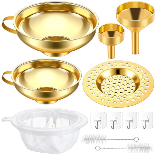 Gejoy 12 Pcs Metal Canning Funnels for Filling Mason Jar Funnels Wide Mouth Stainless Steel Kitchen Filter with Strainer Mesh Filter Brushes and Adhesive Hooks, Gold