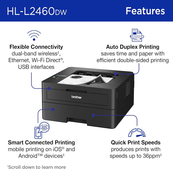 Brother HL-L2460DW Wireless Compact Monochrome Laser Printer with Duplex