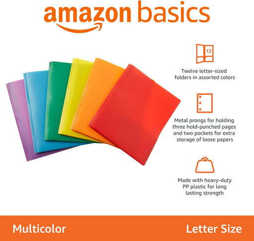 Amazon Basics Heavy Duty Colorful Plastic Folders with 2 Pockets for Letter Size Paper, Pack of 12, Assorted Colors