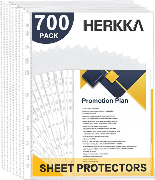 Sheet Protectors, HERKKA 700 Pack Heavy Duty Clear Plastic Page Protectors Sheet Reinforced 11-Hole Fit for 3 Ring Binder Fits Standard 8.5 x 11 Paper, 9.25 x 11.25 Top Loaded, Non-Acid