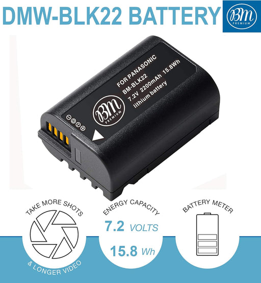 BM Premium 2 Pack of DMW-BLK22 High Capacity Battery and Battery Charger for Panasonic Lumix S1 II, S1R II, DC-S5, S5 II, S5 IIX, S9, G9 II, GH5 II, GH6, GH7, DMW-BG1, DMW-BGS5 Cameras