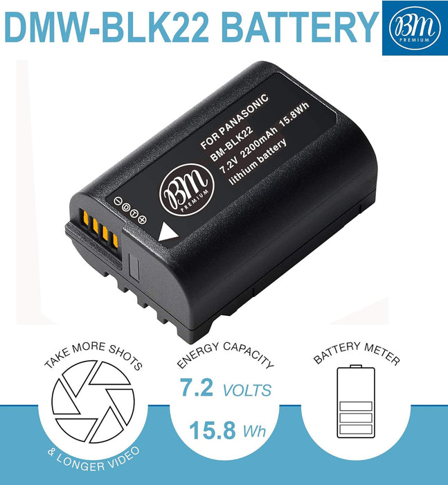 BM Premium 2 Pack of DMW-BLK22 High Capacity Battery and Battery Charger for Panasonic Lumix S1 II, S1R II, DC-S5, S5 II, S5 IIX, S9, G9 II, GH5 II, GH6, GH7, DMW-BG1, DMW-BGS5 Cameras