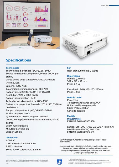 Philips, Propix 850, Professional Video Projector, DLP, Home Cinema, Advanced Image Correction, 1920 x 1080 Pixels, Full HD, 2-Watt Internal Speakers, Lumens: 4000 ANSI, White