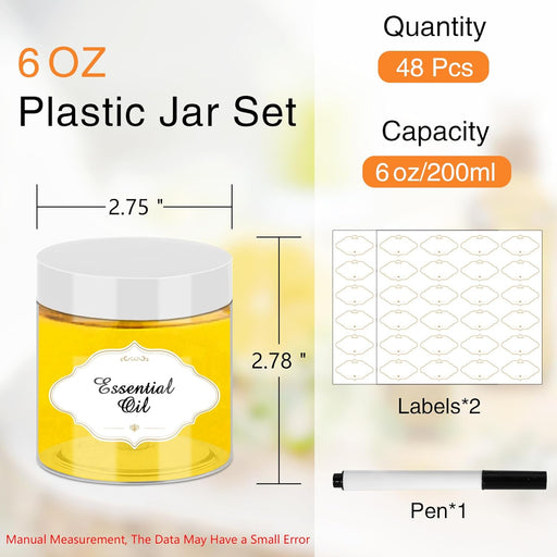 Plastic Jars 6 OZ, 48 Pcs Plastic Jars with Lids Round Wide Mouth Slime Containers with White Lids Empty Small Storage Jar for Travel, Home Kitchen Food, Arts Crafts