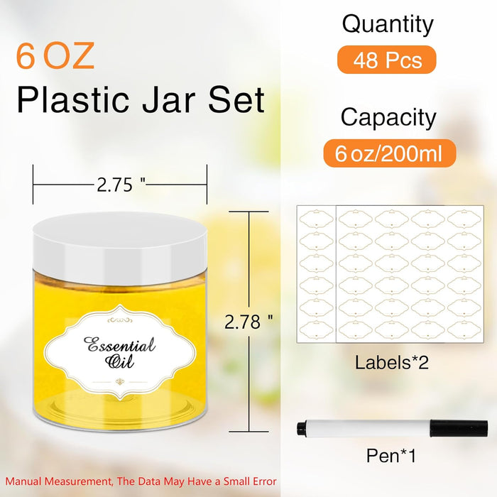 Plastic Jars 6 OZ, 48 Pcs Plastic Jars with Lids Round Wide Mouth Slime Containers with White Lids Empty Small Storage Jar for Travel, Home Kitchen Food, Arts Crafts