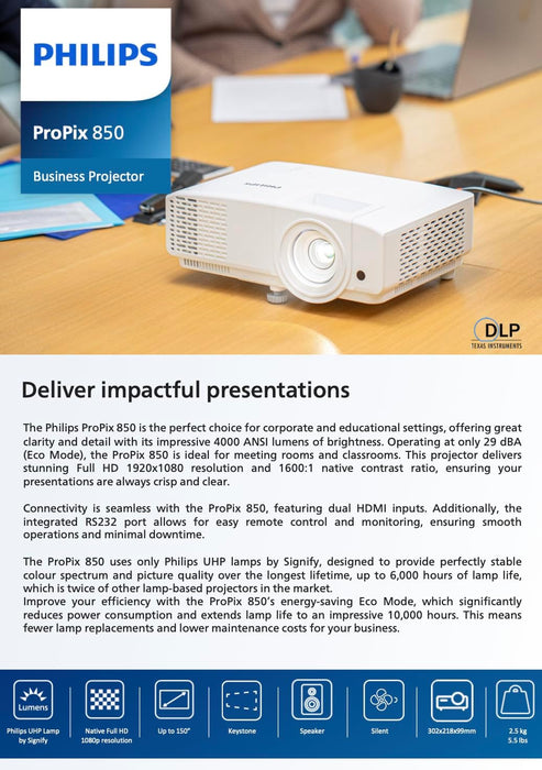 Philips, Propix 850, Professional Video Projector, DLP, Home Cinema, Advanced Image Correction, 1920 x 1080 Pixels, Full HD, 2-Watt Internal Speakers, Lumens: 4000 ANSI, White