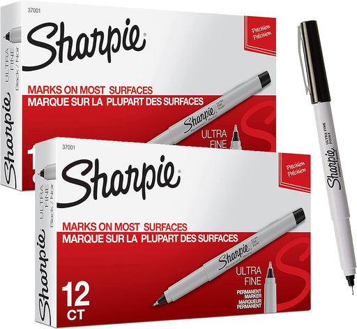 Sharpie 37001 Ultra Fine Point Permanent Markers, Black; Fade and Water Resistant, Quick-drying Ink, 2 Packs of 12 Markers, 24 Markers Total
