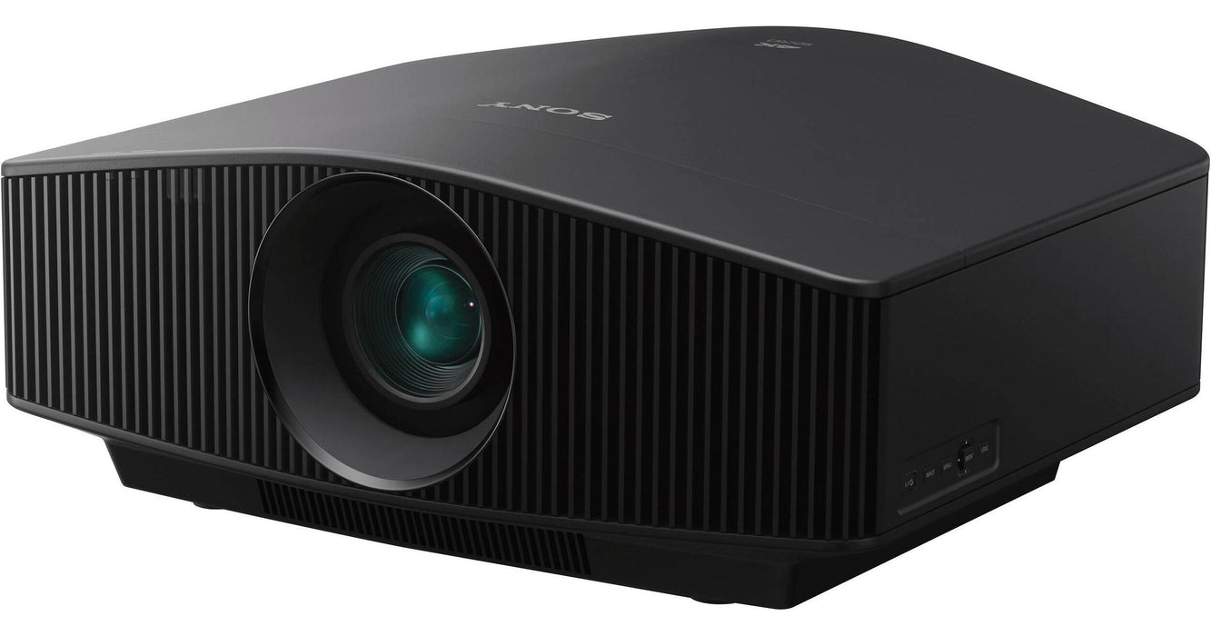 Sony VPL-VW885ES 4K SXRD laser projector, front three-quarter hero view with lens detail and side control buttons