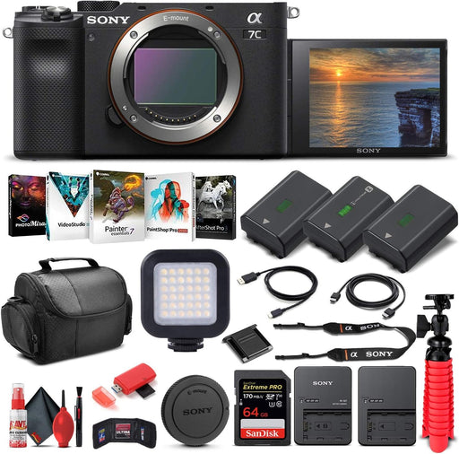 Sony Alpha a7C Mirrorless Digital Camera (Body Only, Black) (ILCE7C/B) + 64GB Card + 2 x NP-FZ-100 Battery + Corel Photo Software + Case + External Charger + Card Reader + LED Light + More (Renewed)
