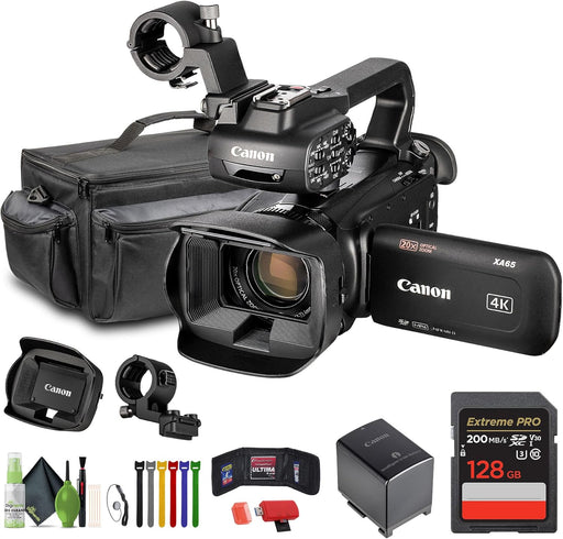 Canon XA65 PAL Professional UHD 4K Camcorder Bundle with 128GB Memory Card + Carrying Case + Cleaning kit