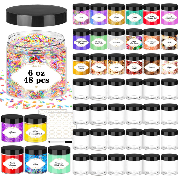 Plastic Jars 6 OZ, 48 Pcs Plastic Jars with Lids Round Wide Mouth Slime Containers with White Lids Empty Small Storage Jar for Travel, Home Kitchen Food, Arts Crafts