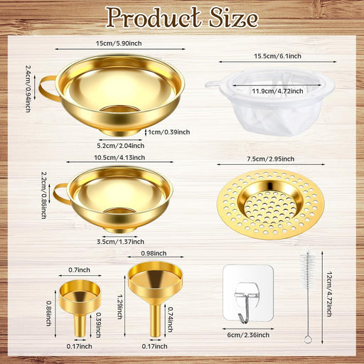 Gejoy 12 Pcs Metal Canning Funnels for Filling Mason Jar Funnels Wide Mouth Stainless Steel Kitchen Filter with Strainer Mesh Filter Brushes and Adhesive Hooks, Gold