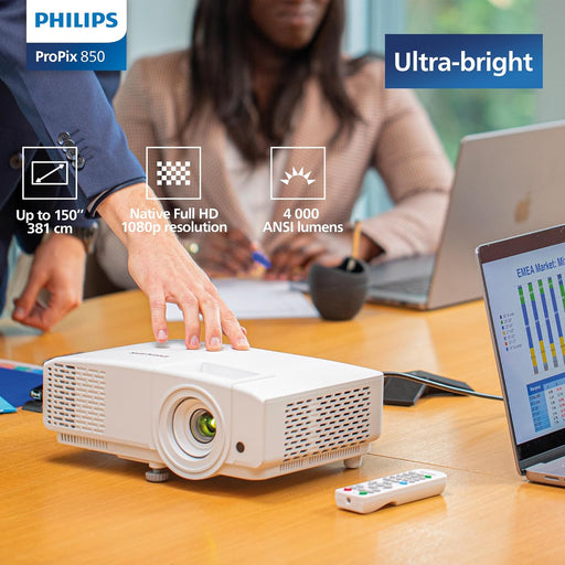 Philips, Propix 850, Professional Video Projector, DLP, Home Cinema, Advanced Image Correction, 1920 x 1080 Pixels, Full HD, 2-Watt Internal Speakers, Lumens: 4000 ANSI, White