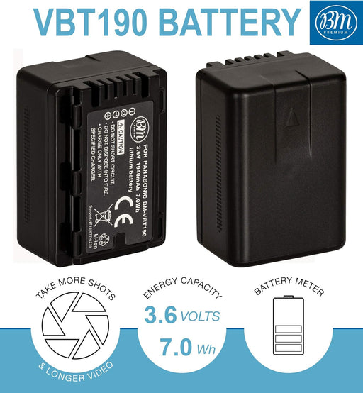 BM Premium VW-VBT190 Battery for Panasonic HC-V380, HC-V510, HC-V520, HC-V550, HC-V710, HC-V720, HC-V750, HC-V770, HC-VX870, HC-VX981, HCW580, HCW850, HC-WXF991 Camcorders