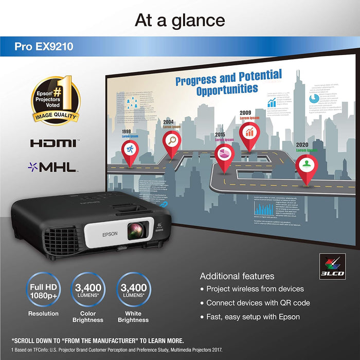 Epson Pro EX9210 1080p+ WUXGA 3,400 lumens color brightness (color light output) 3,400 lumens white brightness (white light output) wireless HDMI MHL 3LCD projector - NJ Accessory/Buy Direct & Save