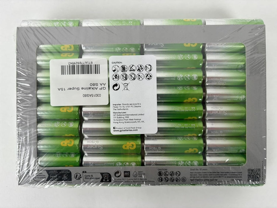 GP Super Alkaline Batteries AA 1.5 V, Ideal for Powering Daily Devices G-TECH Technology, Pack of 80 AA Batteries