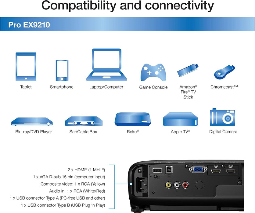 Epson Pro EX9210 1080p+ WUXGA 3,400 lumens color brightness (color light output) 3,400 lumens white brightness (white light output) wireless HDMI MHL 3LCD projector - NJ Accessory/Buy Direct & Save