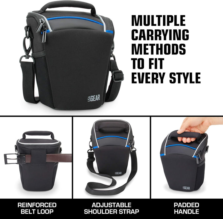 USA Gear DSLR Camera Case for Men and Women with Top Loading Accessibility, Adjustable Shoulder, Small Camera Sling Bag, Travel Padded Handle - Camera Holster Bag for Nikon, Canon, Panasonic (Black)