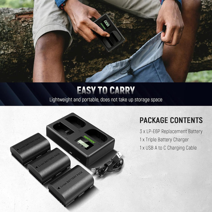 NEEWER 3 Pack 2400mAh LP-E6P/LP-E6NH/LP-E6N Replacement Battery & USB Triple Charger, Compatible with Canon EOS R5 Mark II EOS R5 EOS R6 EOS R7 EOS R 5D II III IV 6D 6D II 7D 7D II 60D 70D 80D 90D