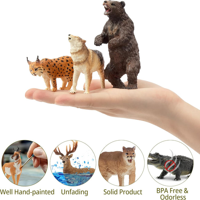 Toymany 12PCS North American Forest Animal Figurines, Realistic Jungle Animal Set Includes Raccoon,Lynx,Wolf,Bear,Eagle, Educational Toy Cake Toppers Christmas Birthday Gift for Kids Toddlers
