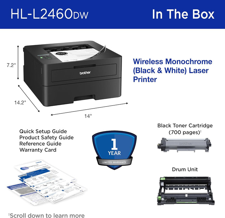 Brother HL-L2460DW Wireless Compact Monochrome Laser Printer with Duplex