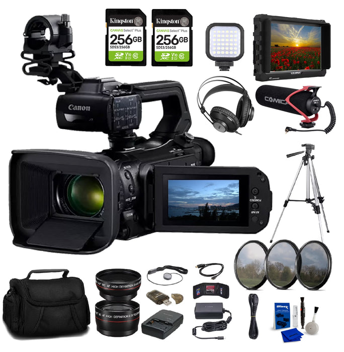 Canon XA75 UHD 4K30 Camcorder with Dual-Pixel Autofocus 5735C002 4K Monitor + 2 x 256GB Memory Card + Studio Headphone + Video Microphone + Filter Kit + Pro Tripod & More